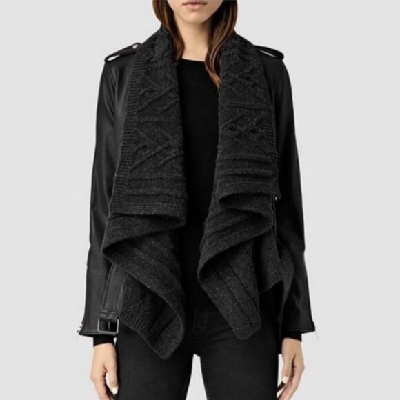 All Saints Wrap Cable Jacket Genuine Goat Leather Size 0 Black Draped Open Front - Picture 2 of 16